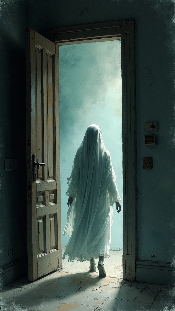 Mysterious White Figure in Dimly Lit Room