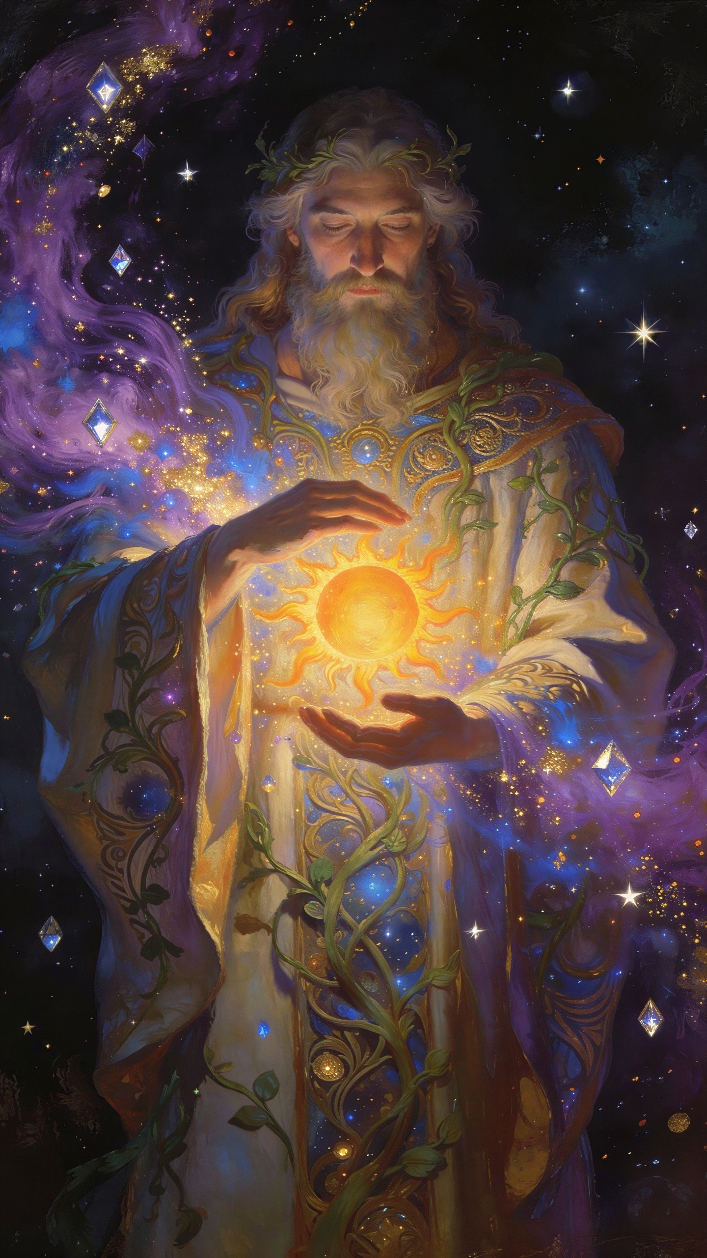 Cosmic Man in Robe with Radiant Sun and Starry Background