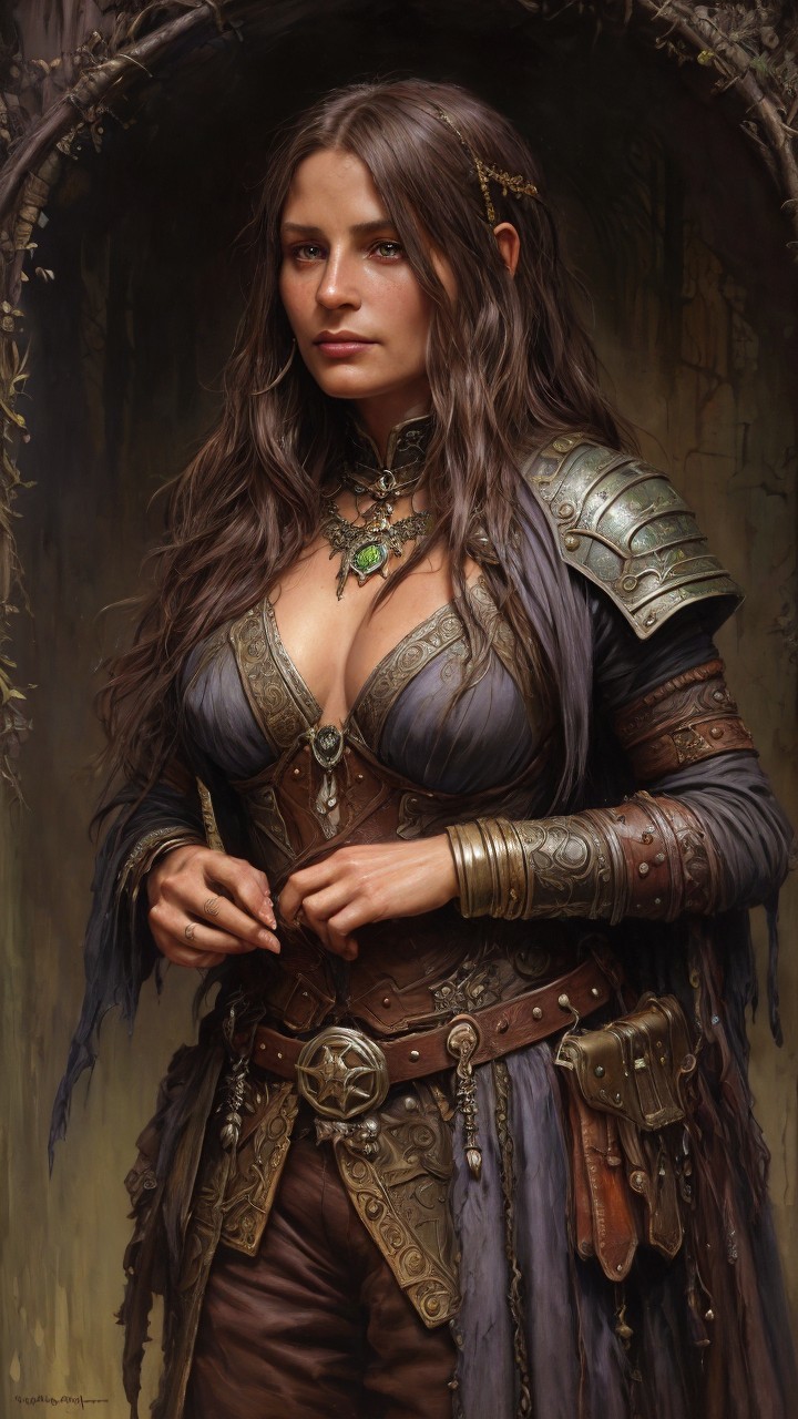 Female Character in Detailed Armor with Rustic Backdrop