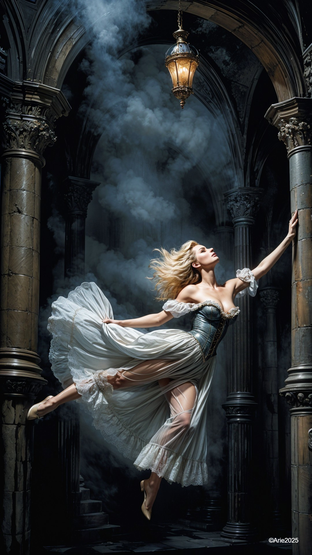 Dancer in Ethereal Dress Under Dramatic Lighting