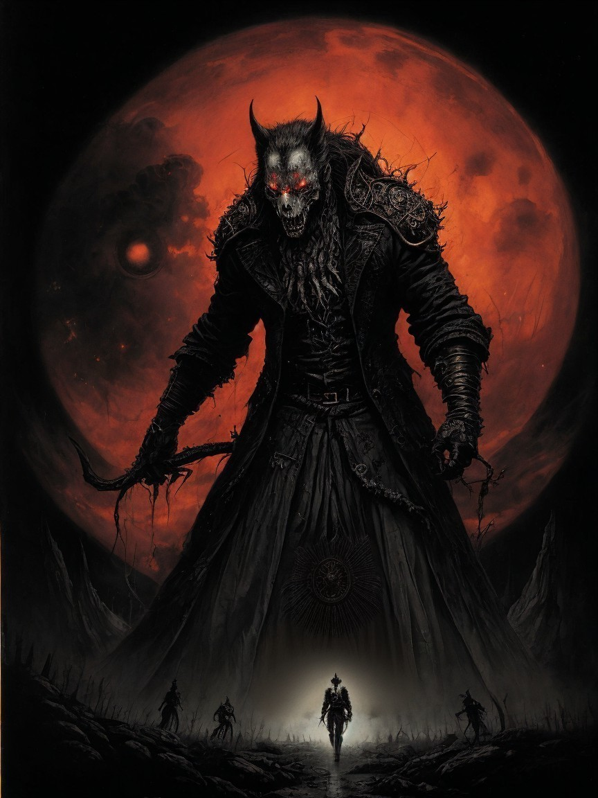 Wolf-like demon figure under blood-red moon