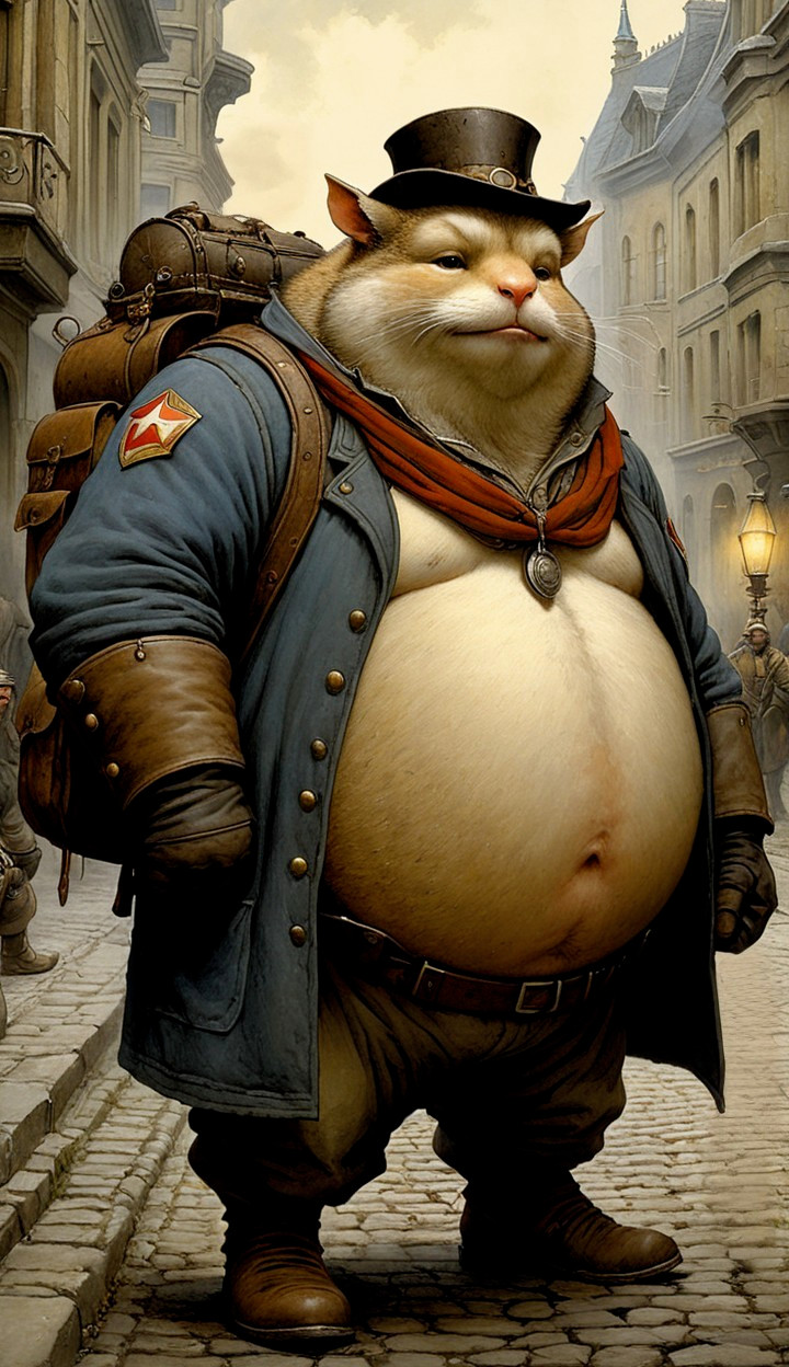 Anthropomorphic Cat in Vintage Coat on Cobblestone Street