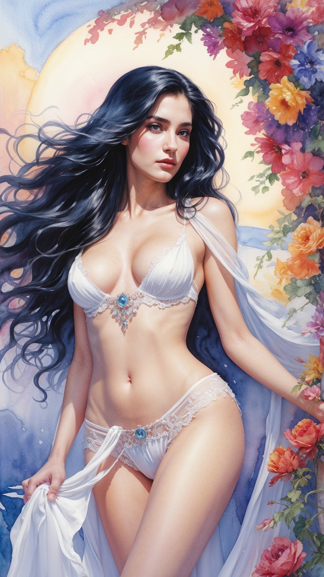 Ethereal Woman Among Colorful Flowers and Moonlight