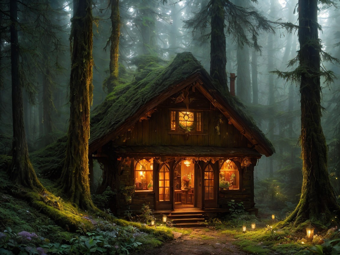 Wooden cottage in misty forest with warm ambiance