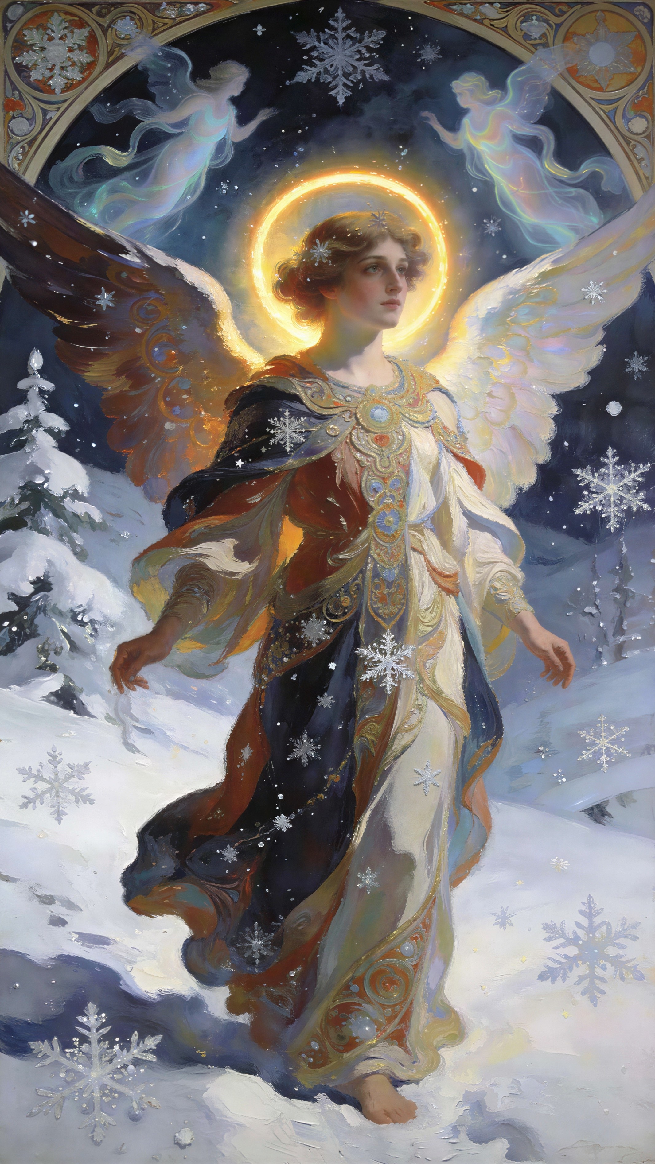 Ethereal Winter Angel in Snowy Landscape with Halo