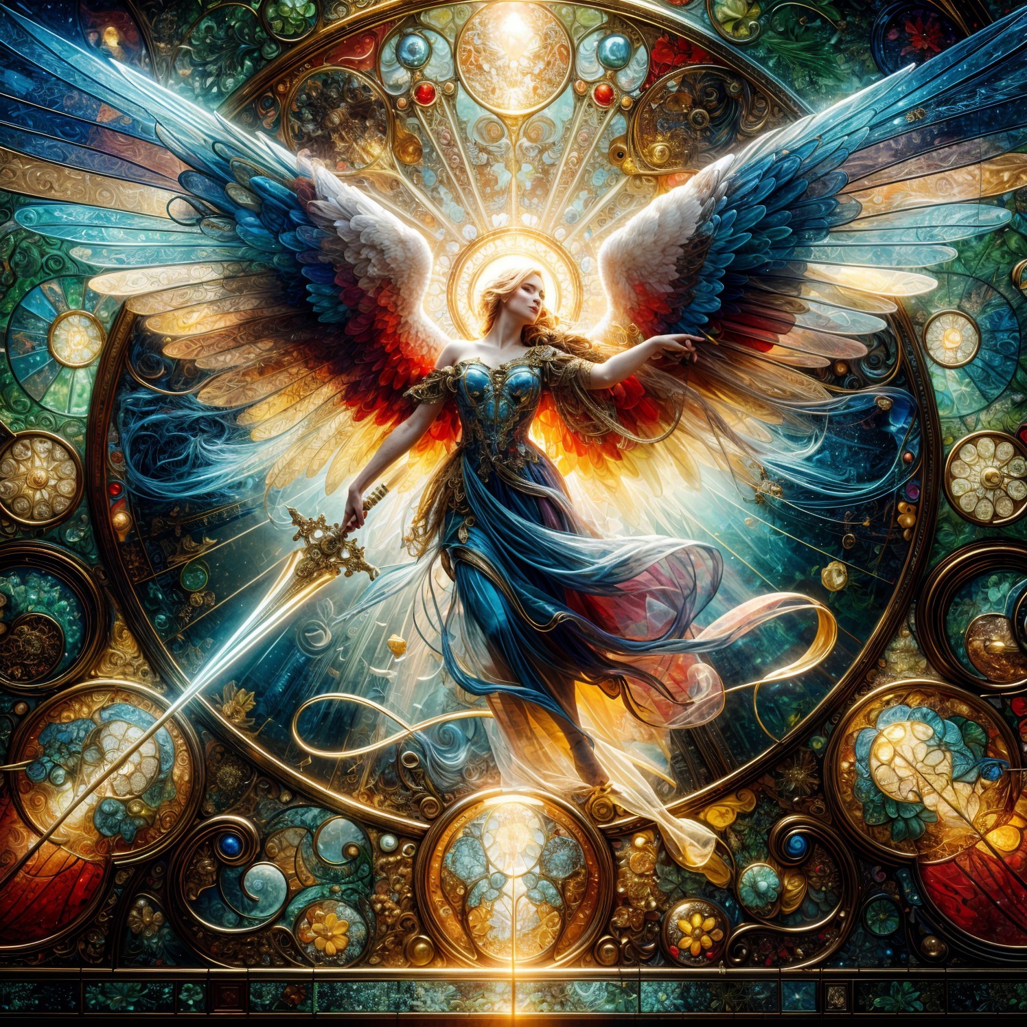 Angel with Vibrant Wings and Stained Glass Background