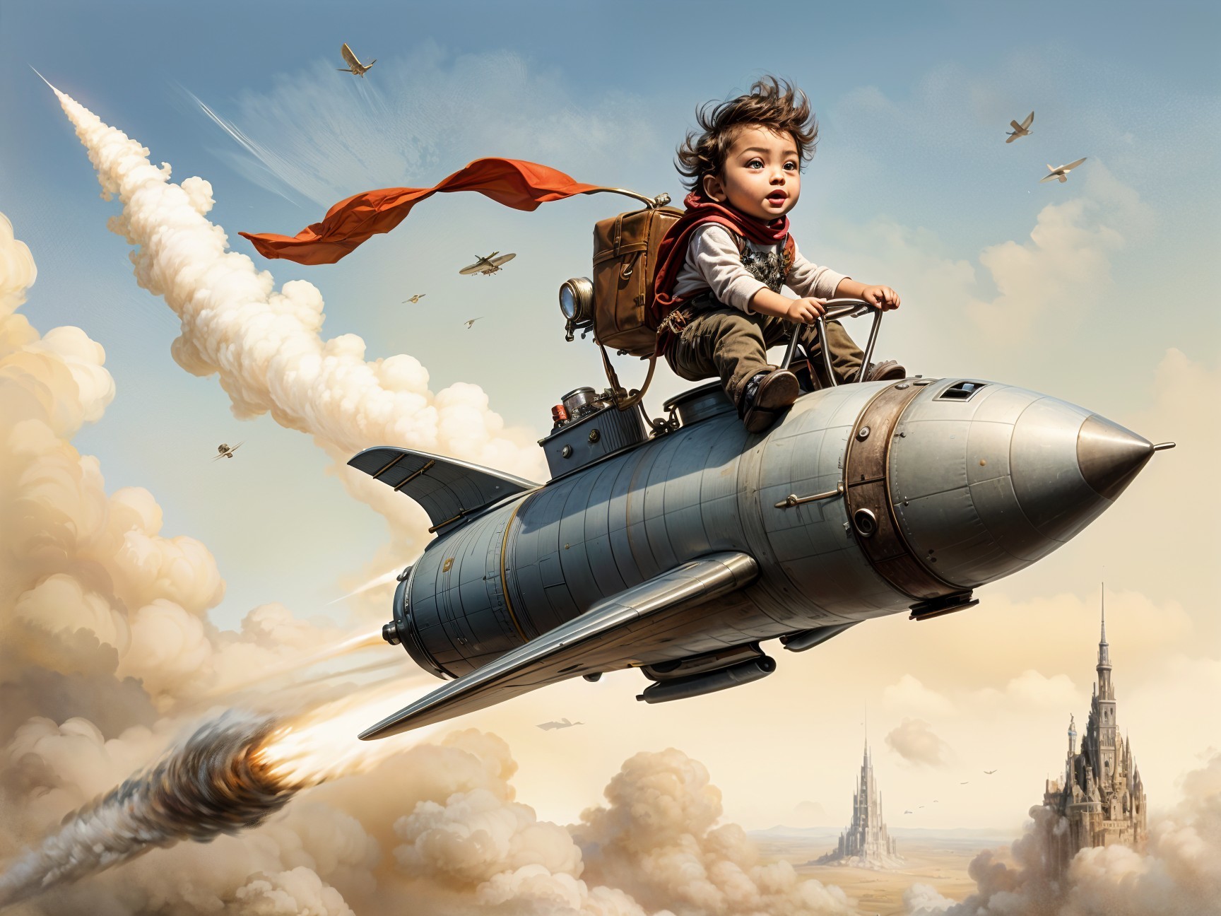 Child in red cape riding rocket through dreamy sky