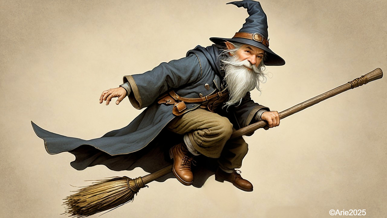 Whimsical Wizard Flying on a Broomstick in Blue