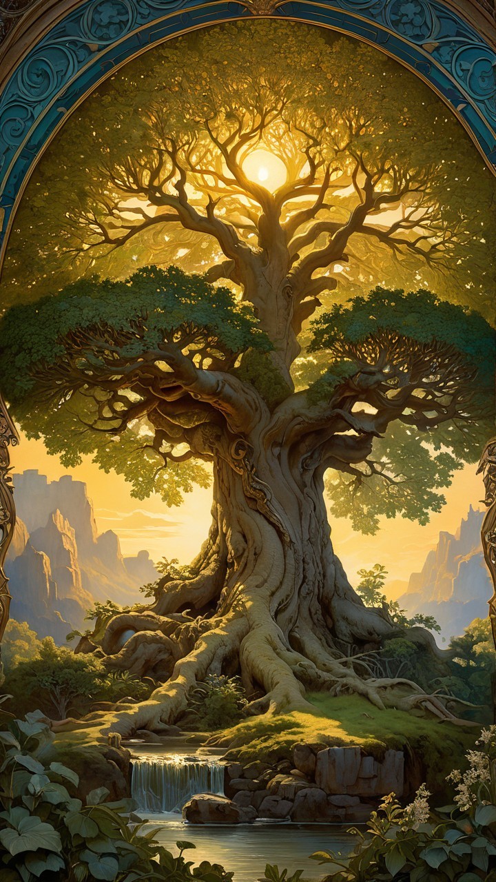 Ancient Tree in Serene Landscape at Sunset