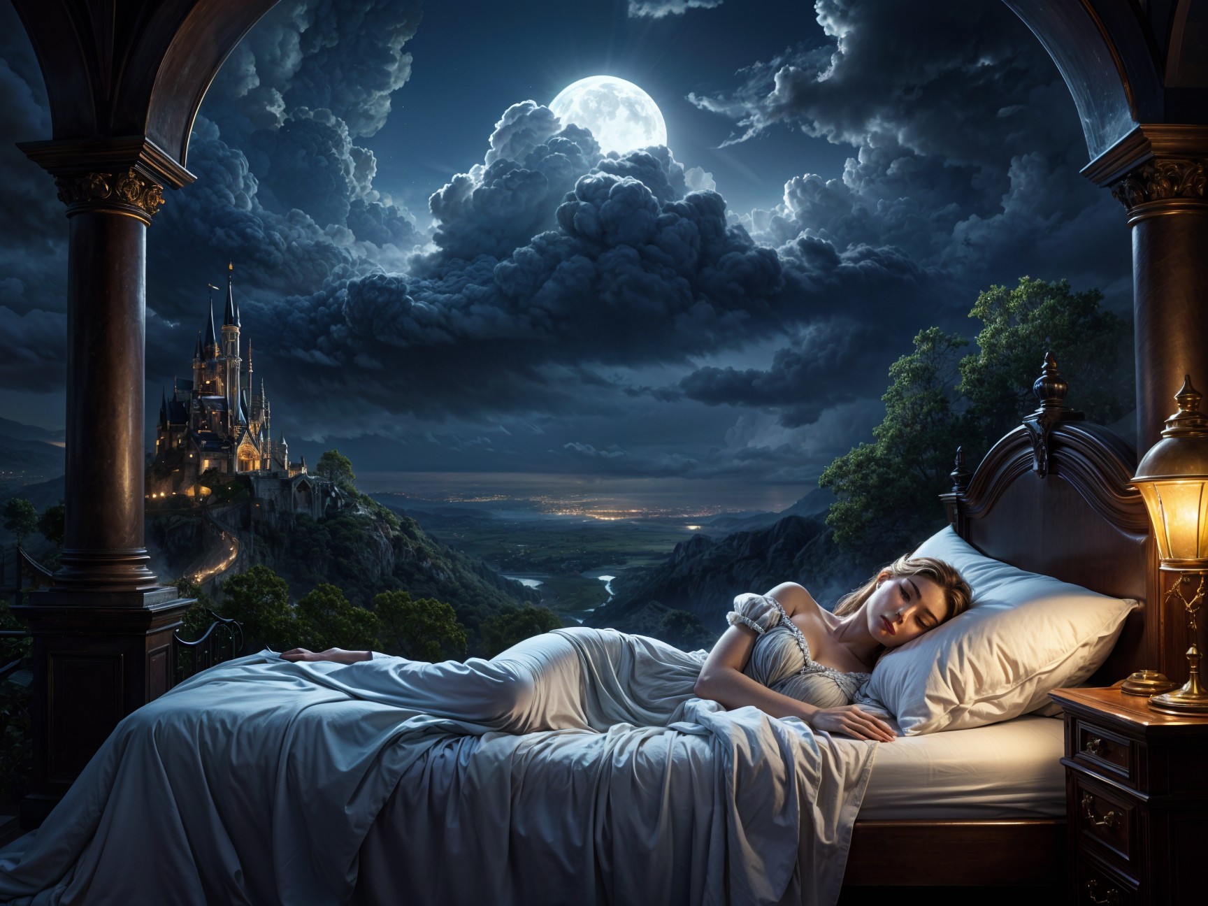 Moonlit Room with Sleeping Woman and Castle View