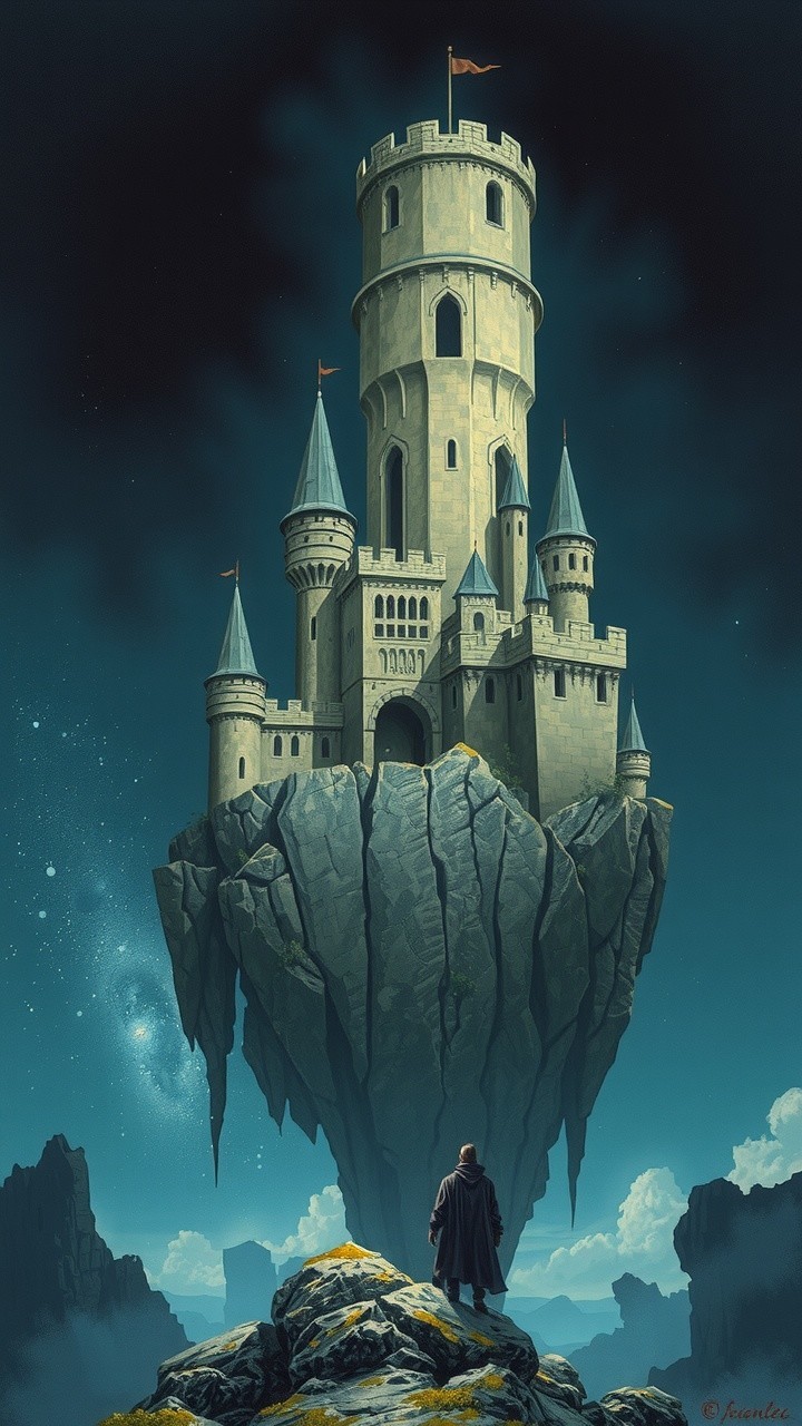 Majestic Castle on a Floating Rock in a Blue Sky