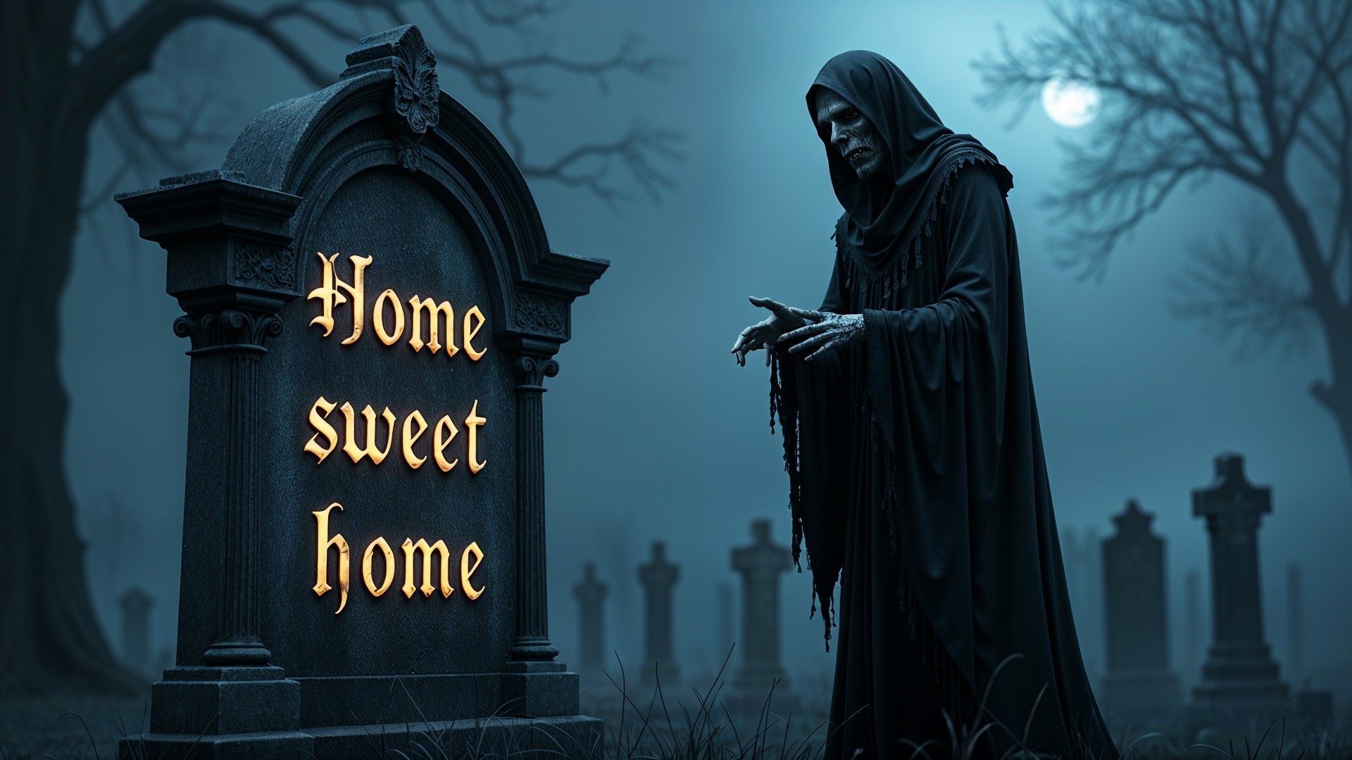 Cloaked Figure in Eerie Moonlit Graveyard Scene