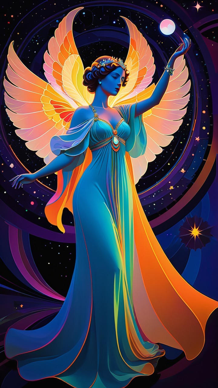 Celestial Figure in Blue Gown with Colorful Wings