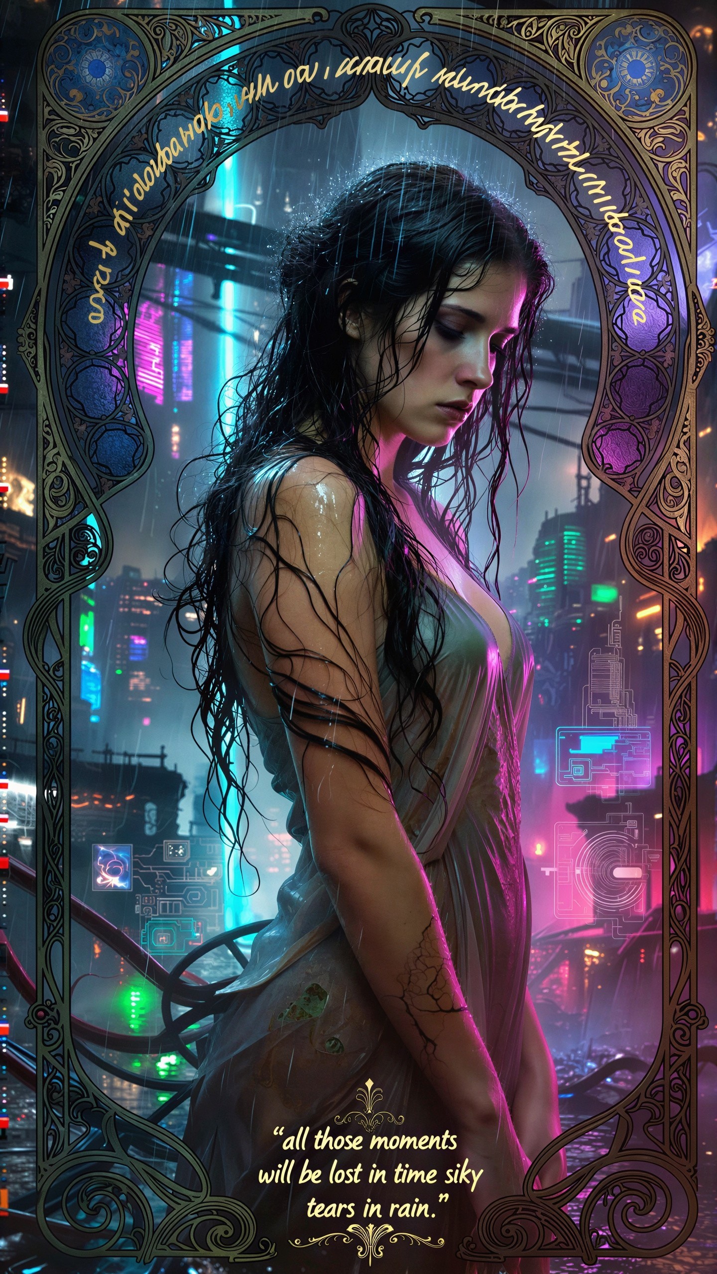 Digital Painting of Woman in Rain with Ornate Border