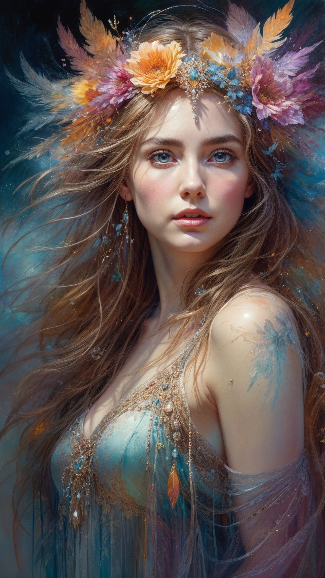 Young woman in floral crown and shimmering gown