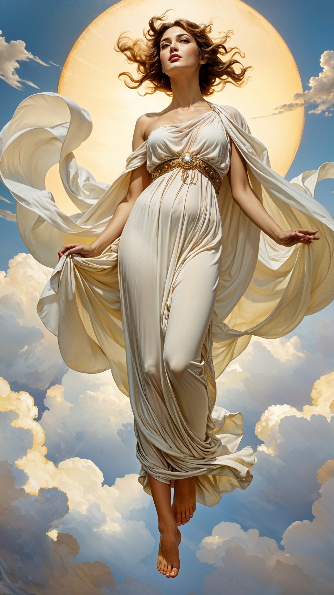 Goddess Figure in Flowing Gown Among Clouds and Sun