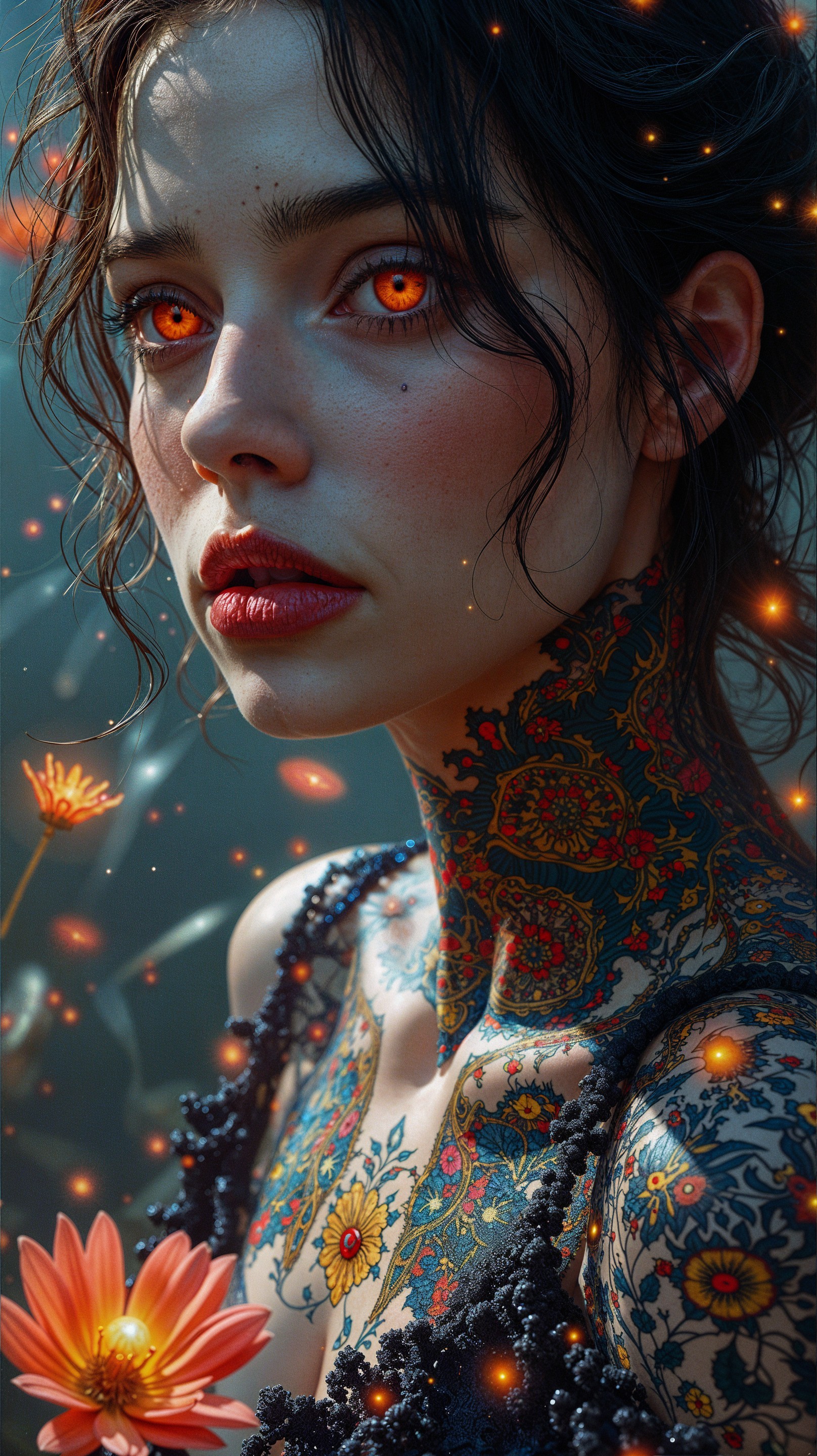 Portrait of a woman with orange eyes and tattoos