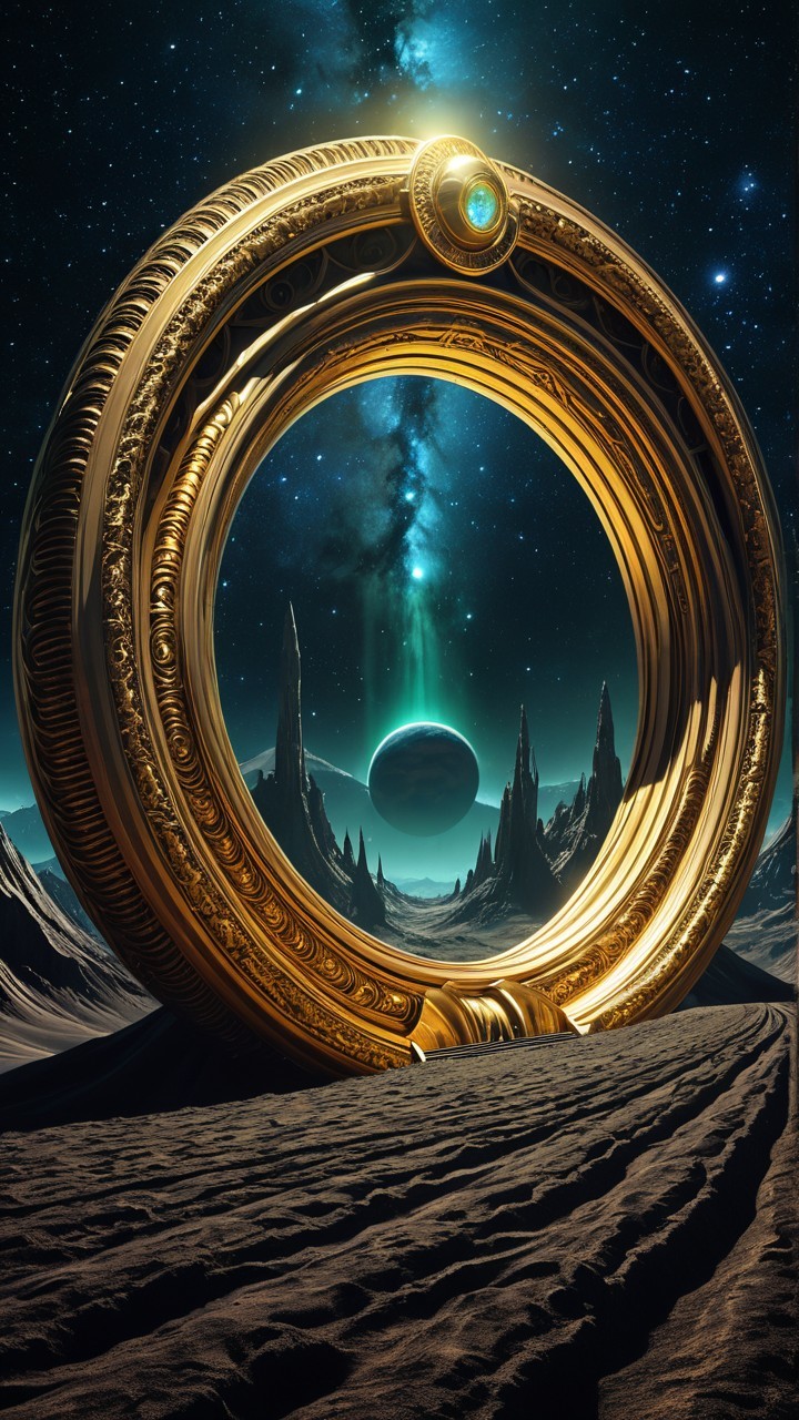 Golden Portal in a Cosmic Landscape with Mountains
