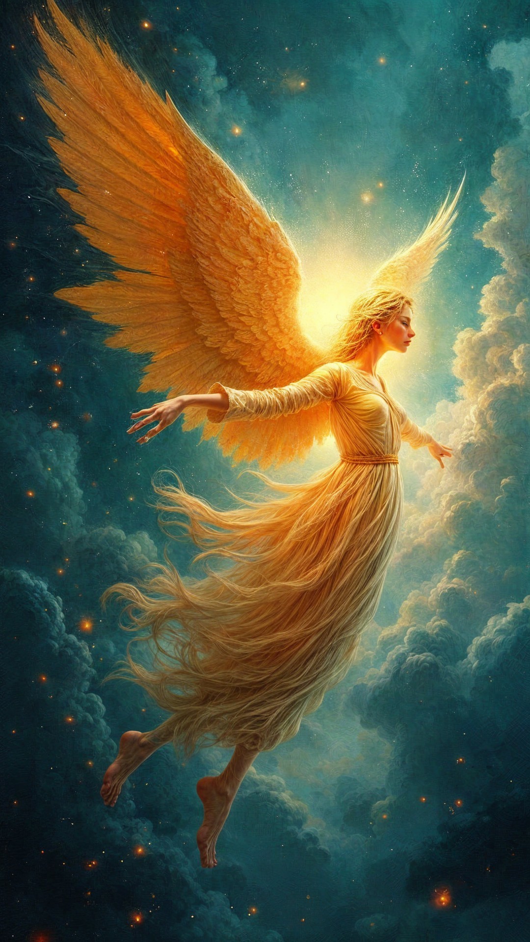 Celestial Figure with Golden Wings in Dreamy Sky