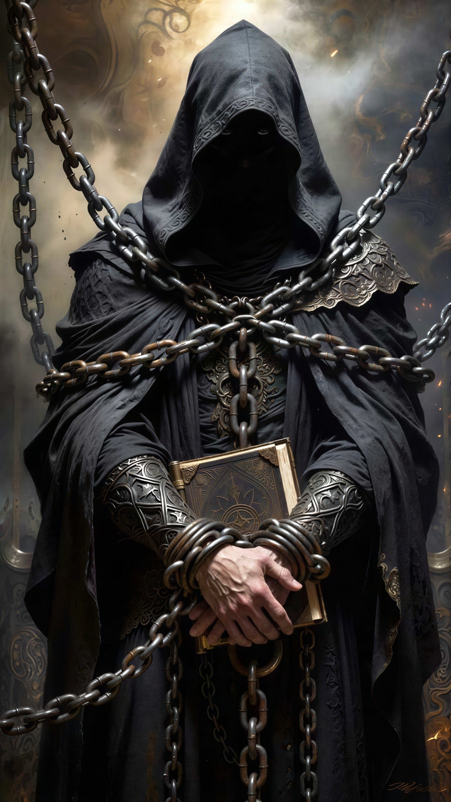 A full-body portrait of a robed, hooded figure