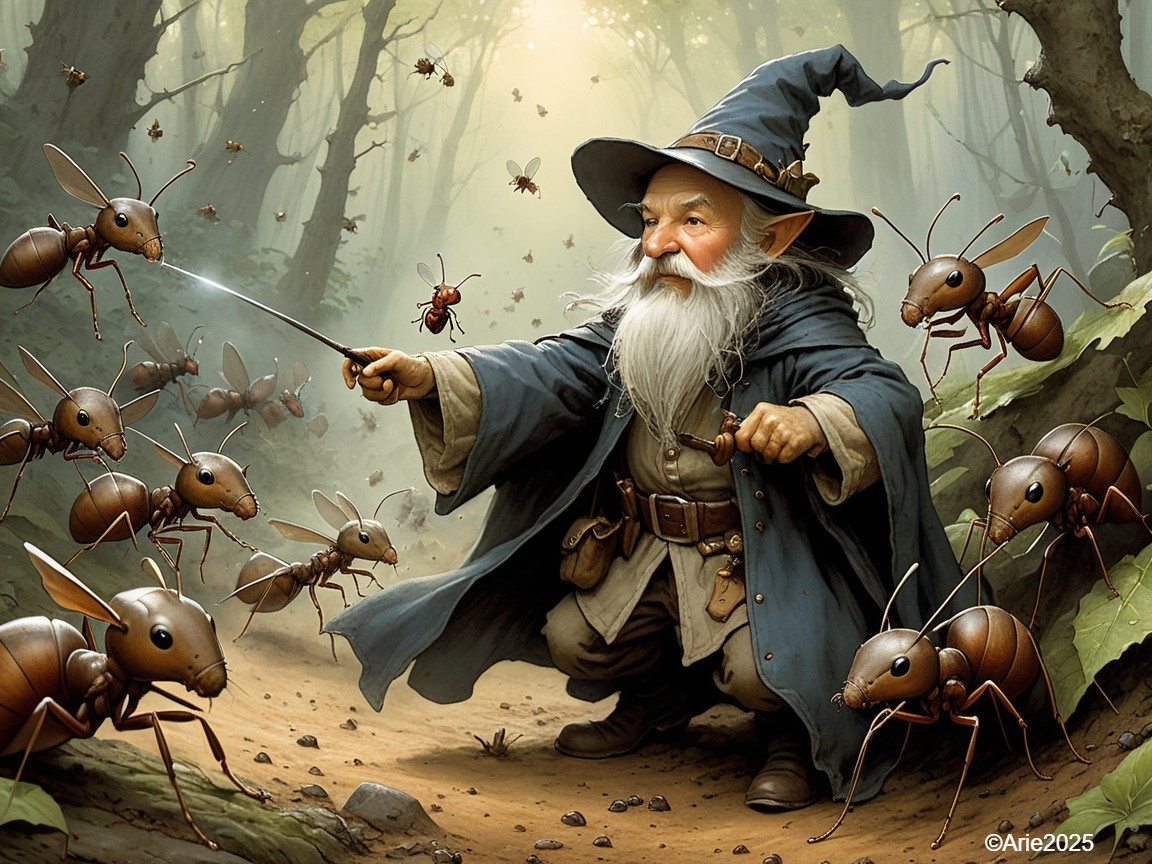 Wizard in Mystical Forest with Curious Ants