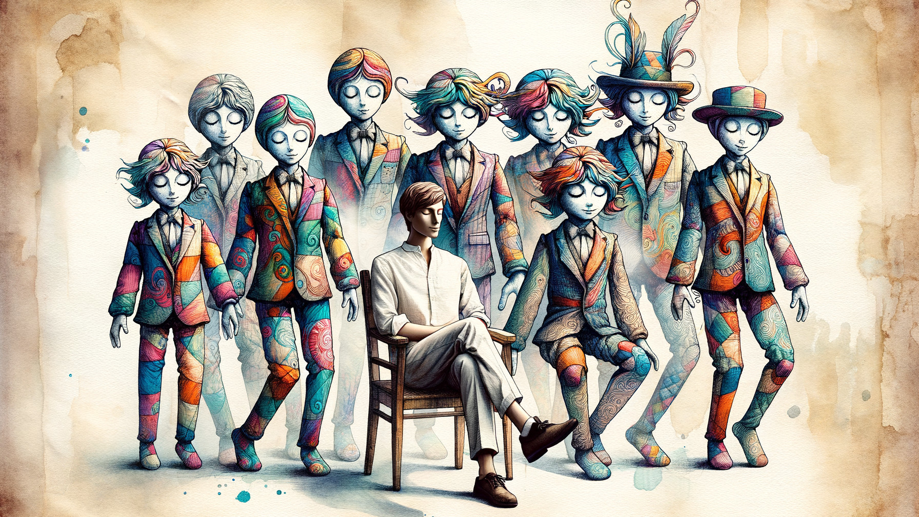 Surreal Scene with Colorful Doll-Like Figures
