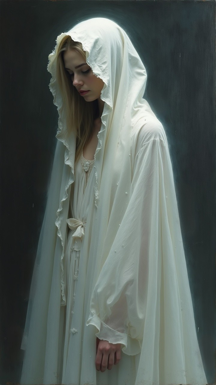Young woman in flowing gown and hooded cloak in soft light