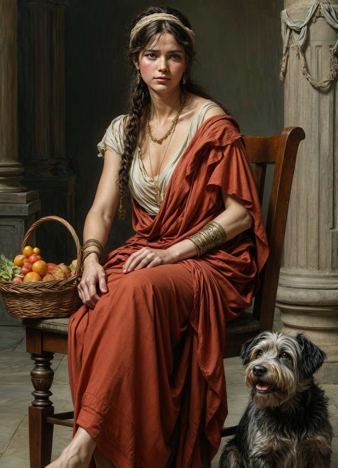 Young Woman in Elegant Attire with Fruit Basket and Dog