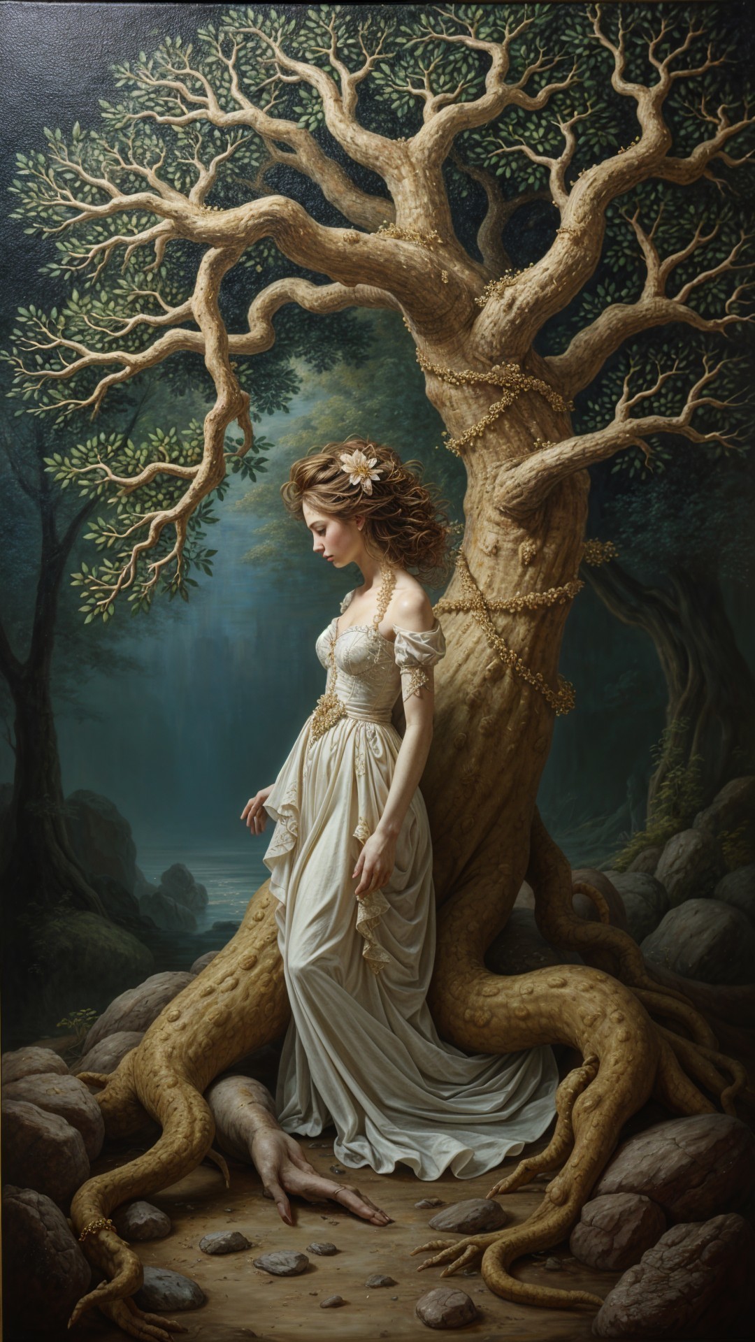 Young Woman in White Gown Beside Majestic Tree