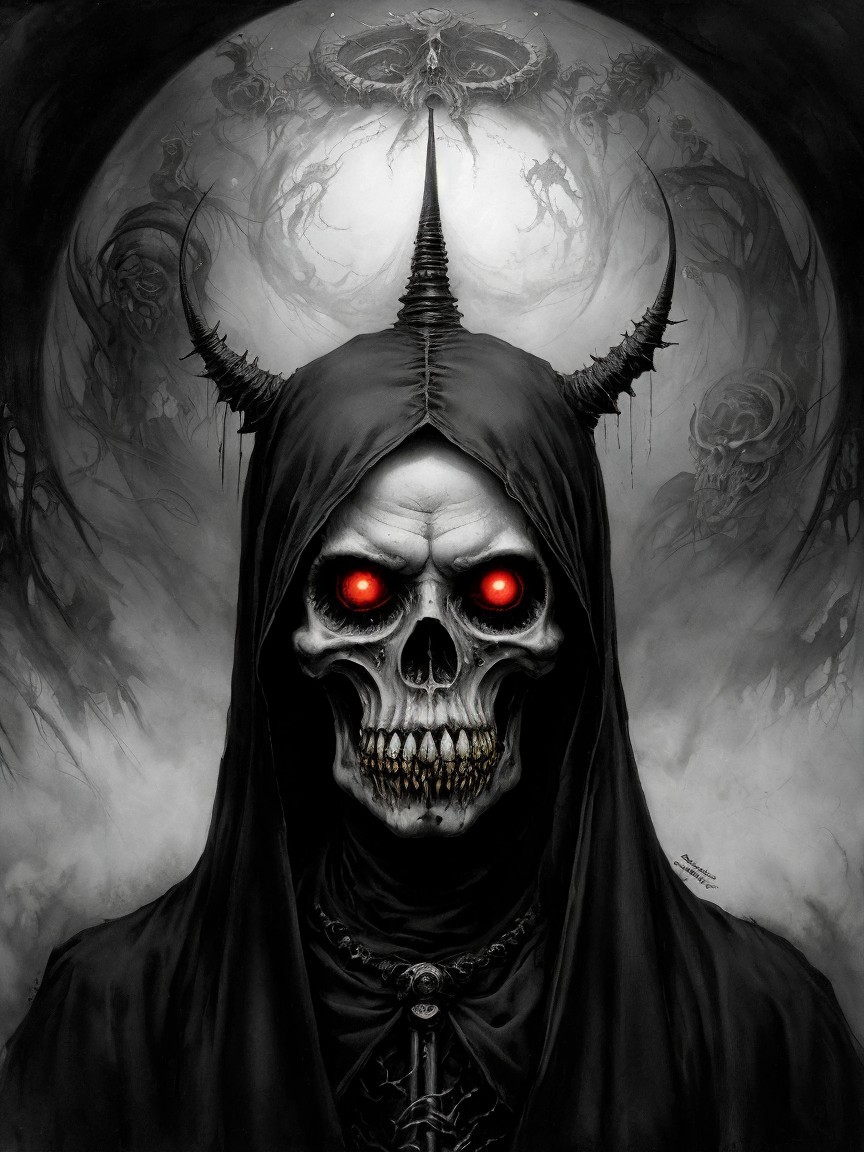 Menacing figure in a dark hooded cloak with skull face