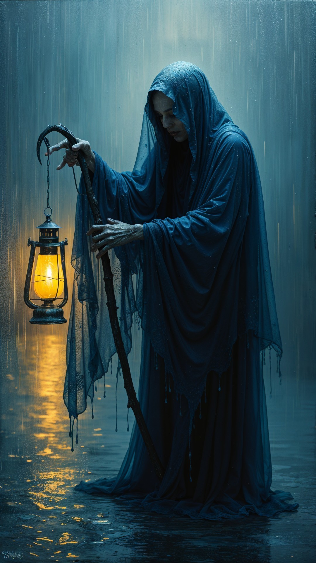 Spectral Figure in Dark Fabric Under Heavy Rain