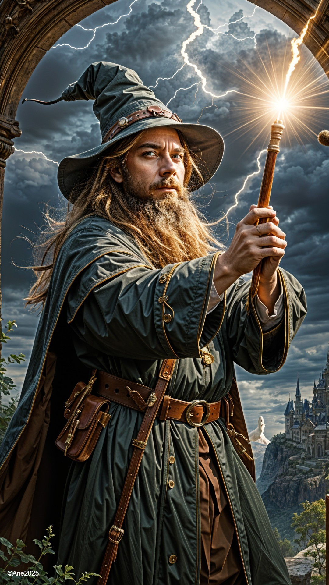 Wizard in Green Robe with Wand Against Stormy Sky
