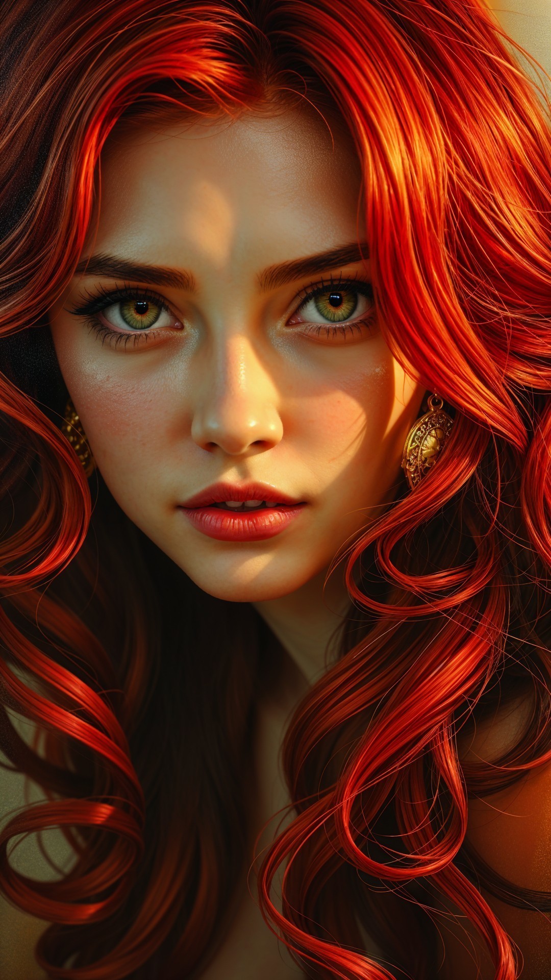 Young woman with curly red hair and warm lighting