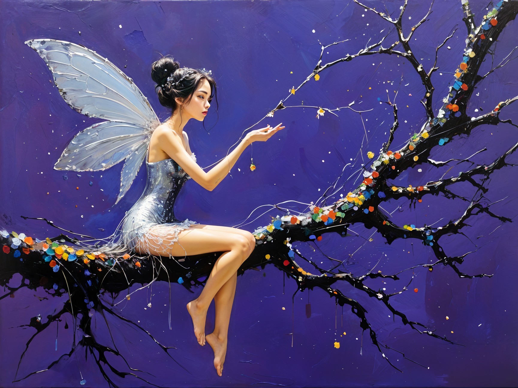 Fairy with Transparent Wings on a Colorful Branch