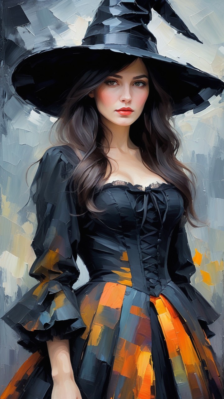 Stylish Witch Outfit with Black Hat and Orange Dress