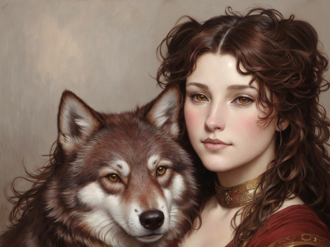 Young Woman and Wolf in Earthy Toned Setting