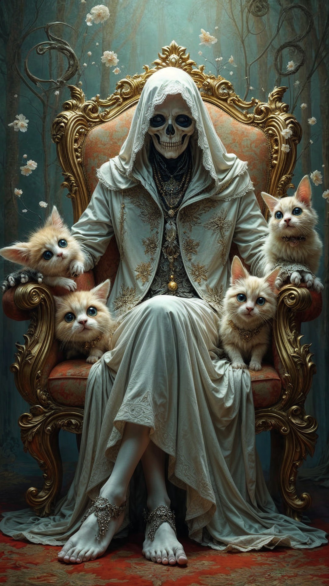 Skeletal Figure in Ornate Chair Surrounded by Kittens