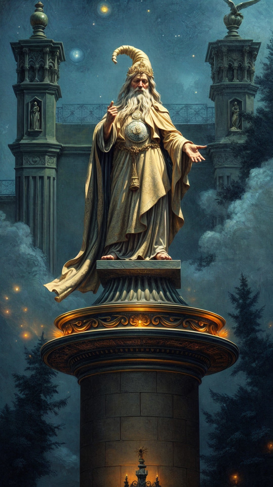 Majestic Figure on Column with Celestial Background