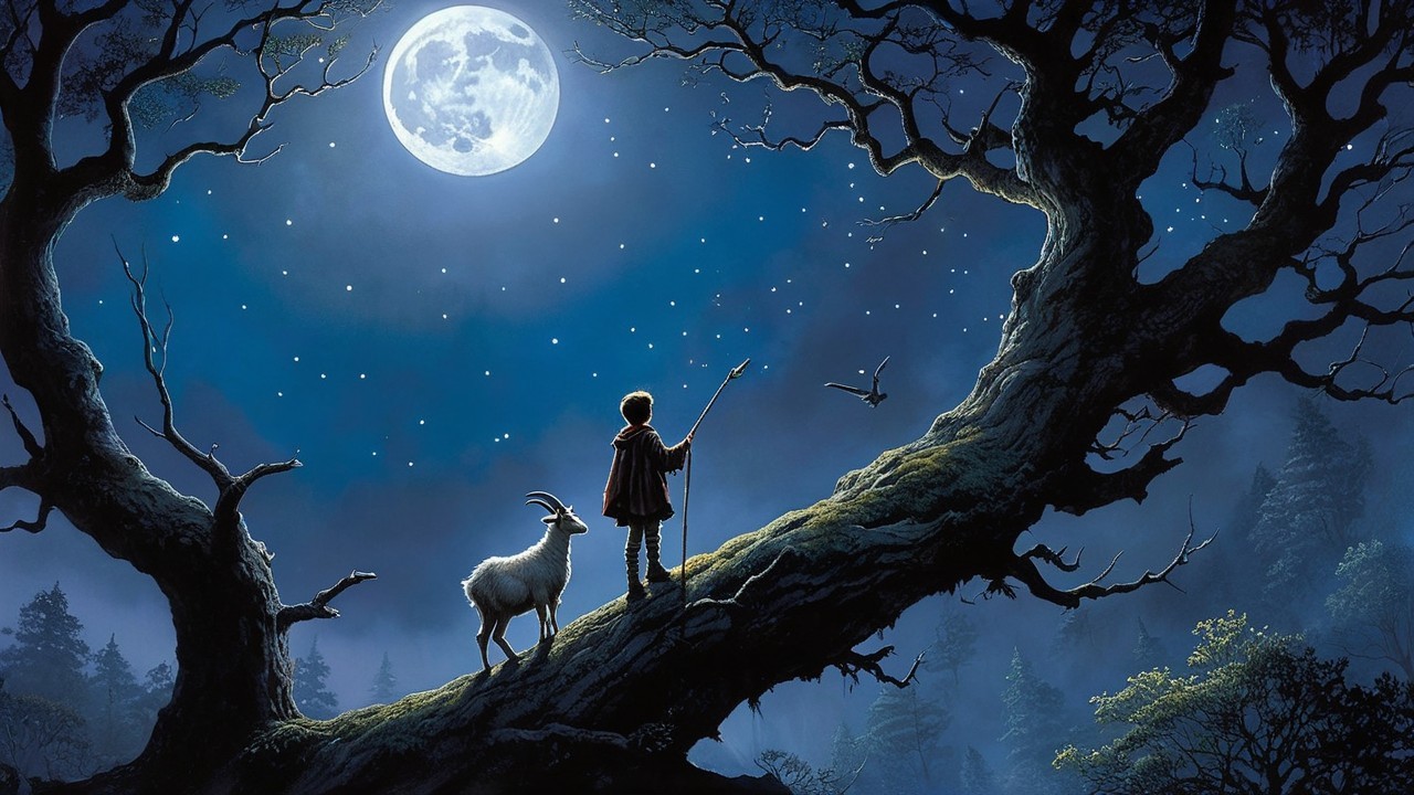 Shepherd and Goat Under Full Moon and Starry Sky