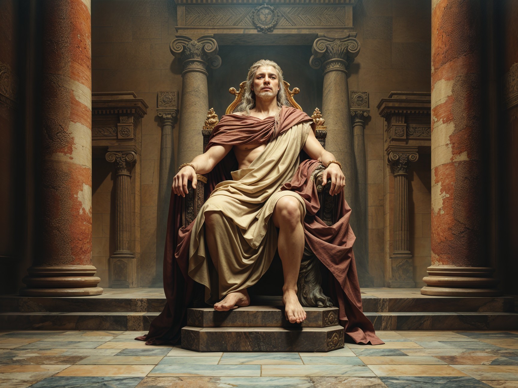 Majestic figure on ornate throne in grand setting