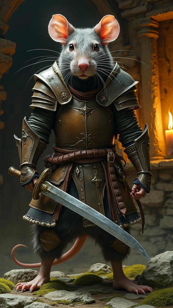 Brave Mouse in Armor with Sword in Ancient Chamber