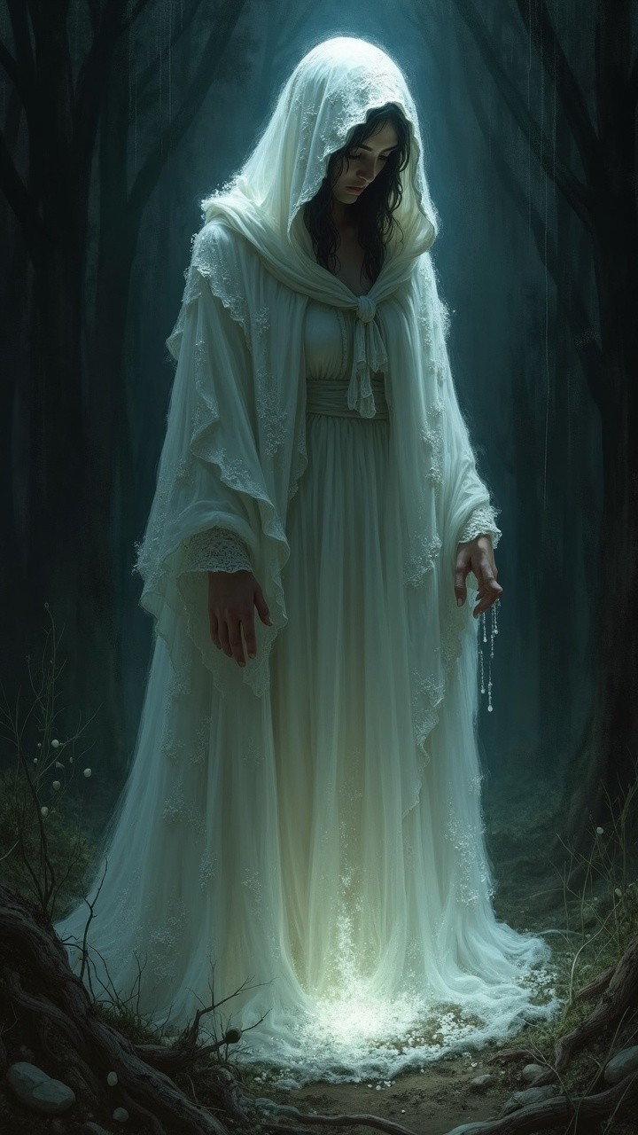 Mysterious Figure in a Dimly Lit Enchanted Forest
