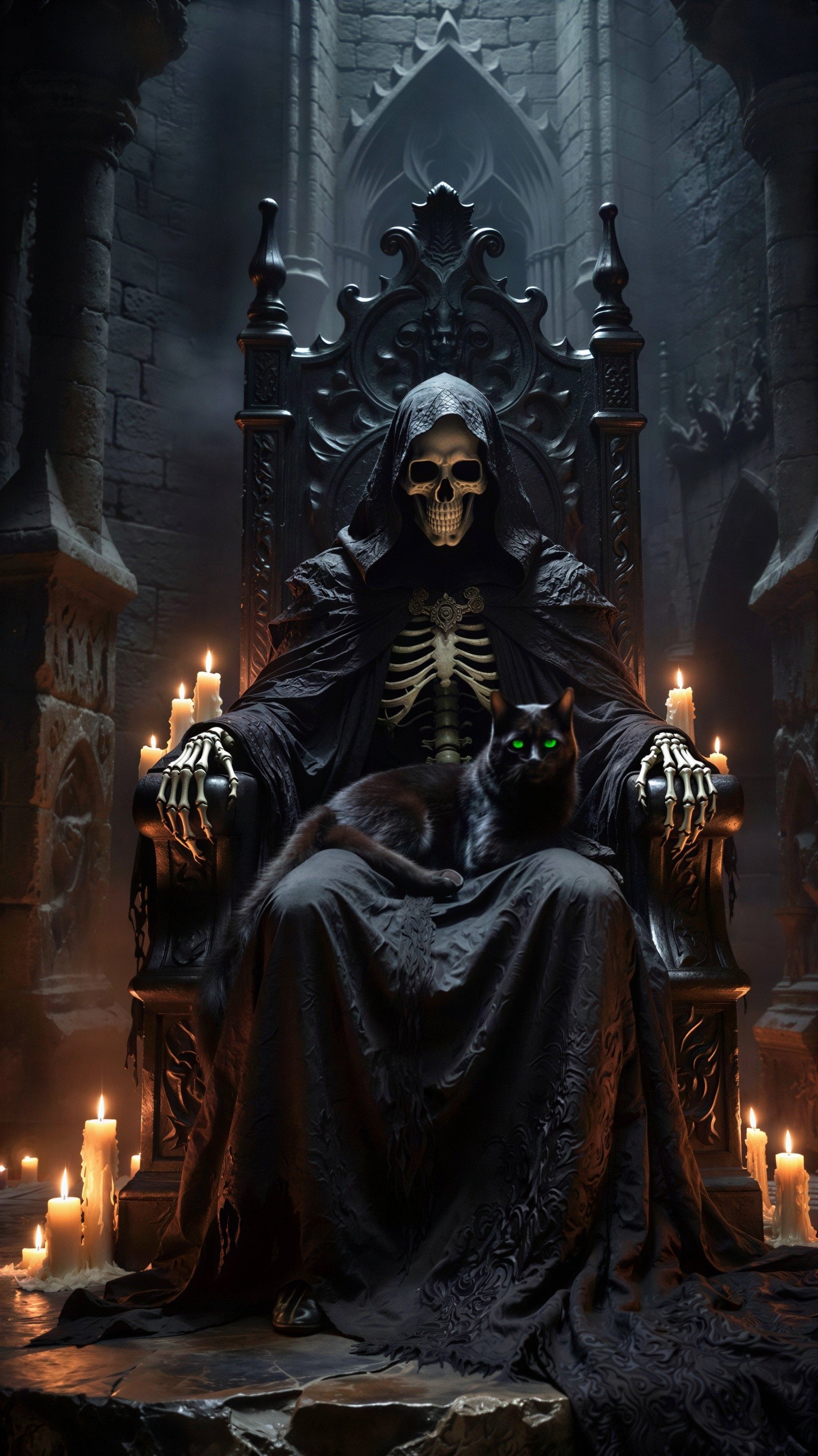 Grim Reaper on Gothic Throne with Black Cat in Castle