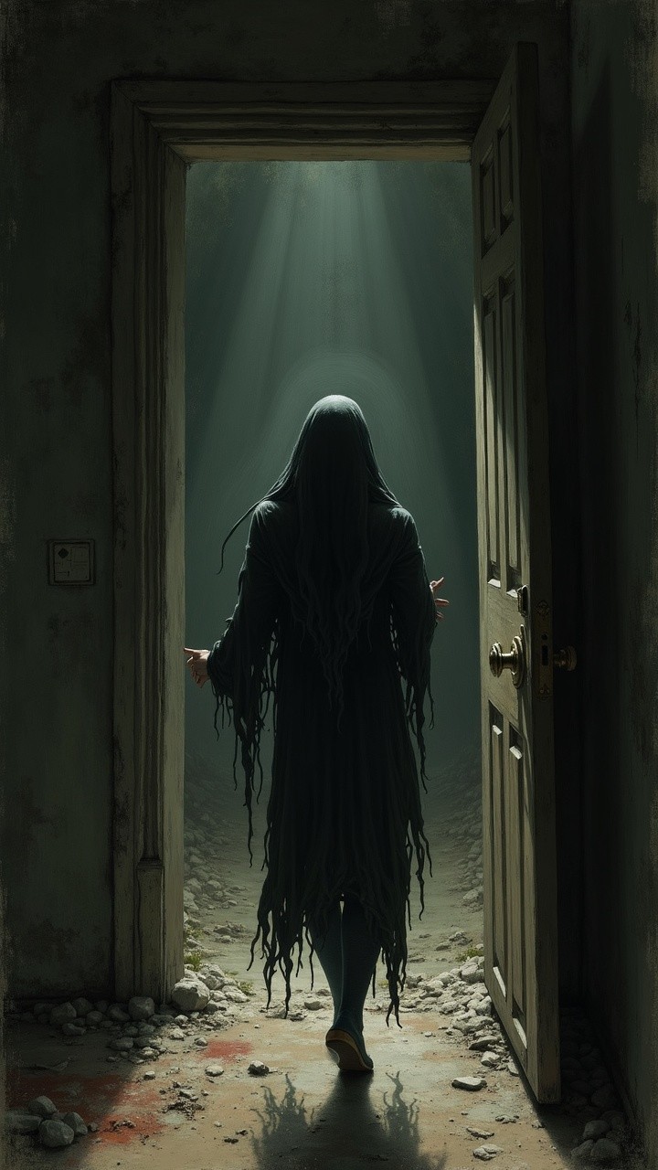 Shadowy Figure in Dimly Lit Doorway with Eerie Atmosphere
