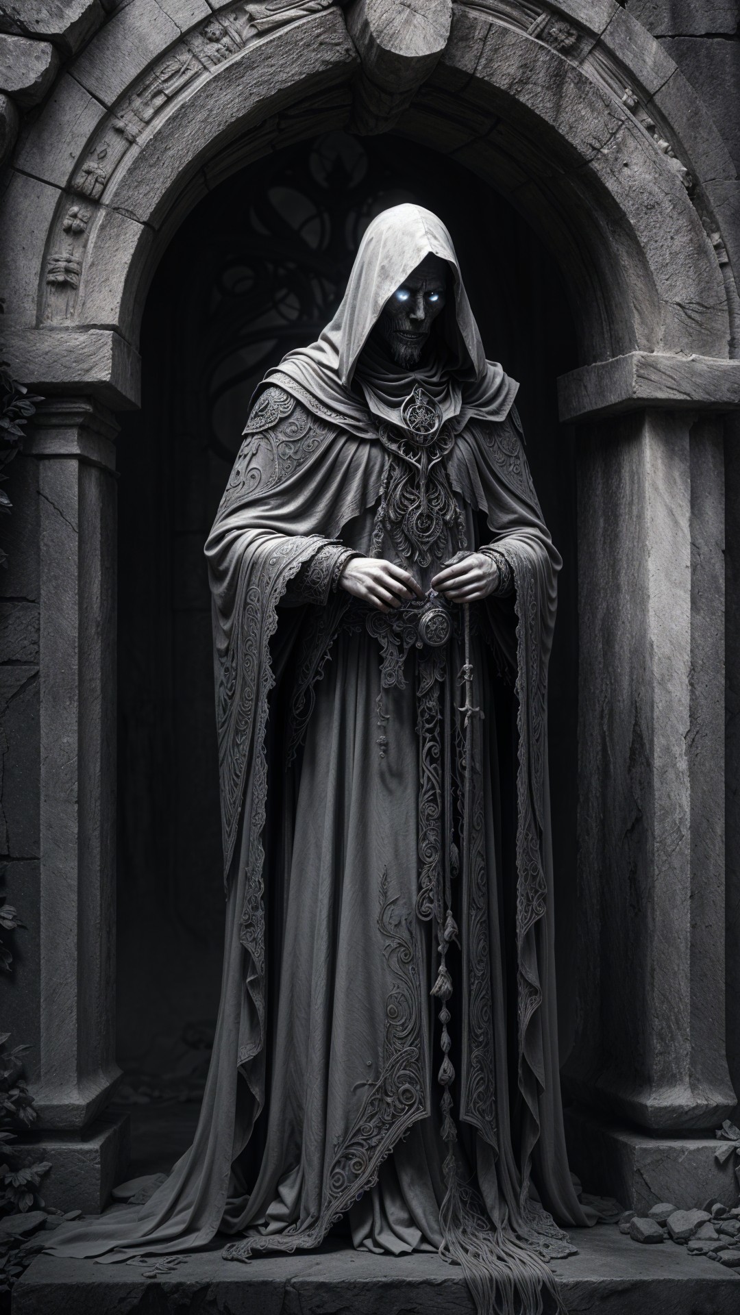 Mysterious Cloaked Figure in Stone Archway with Vines