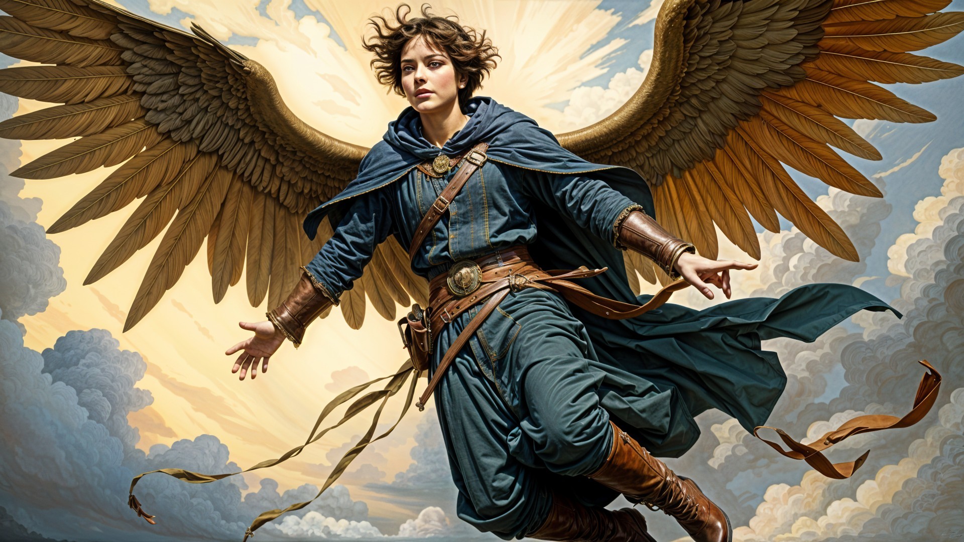 Majestic figure with wings in a dramatic sky scene