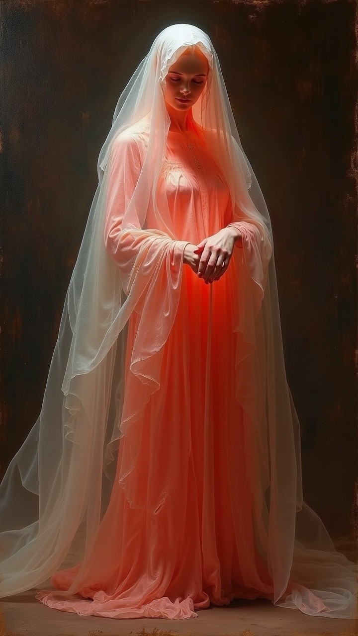 Serene figure in peach gown with translucent veil