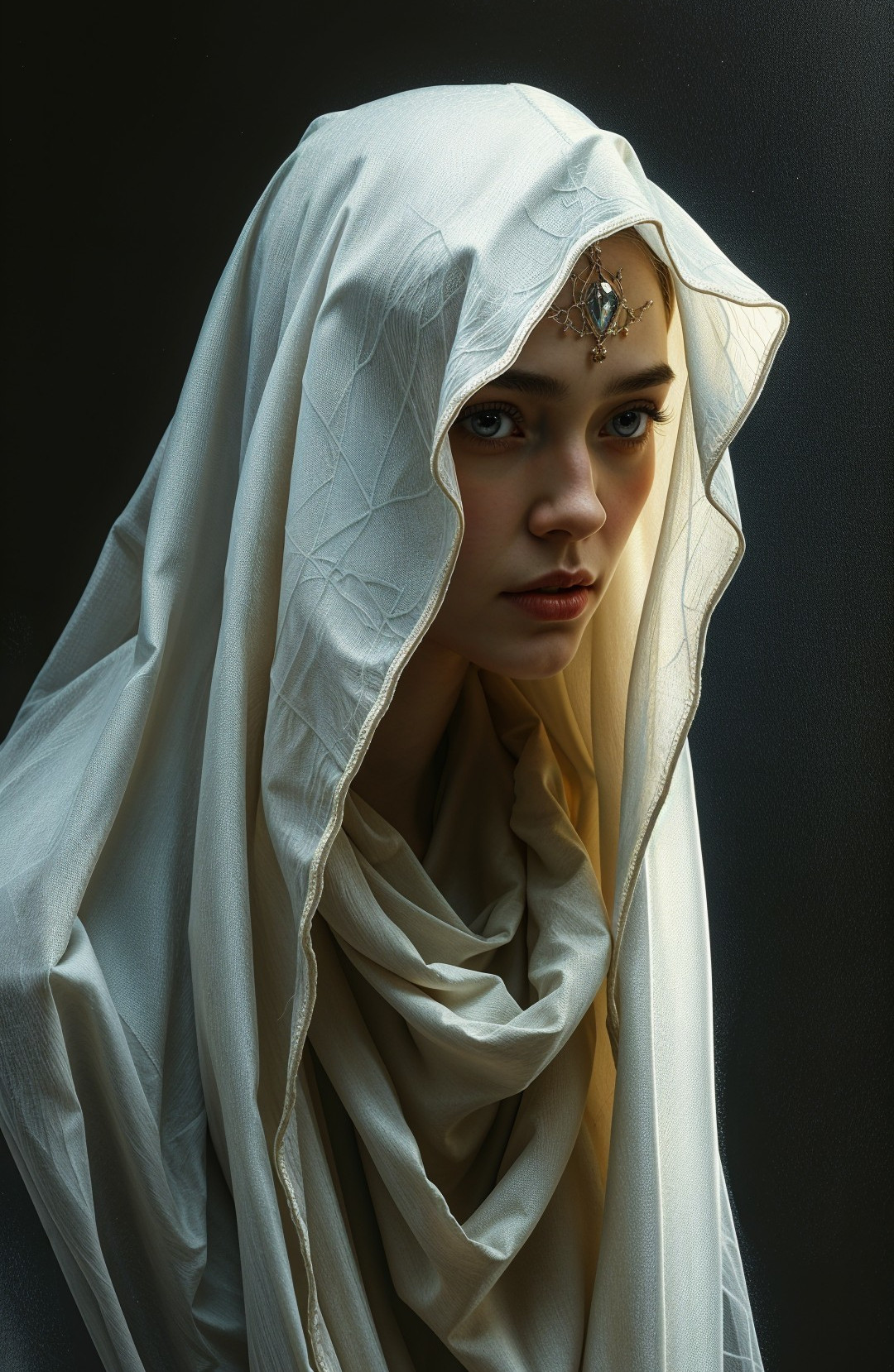 Young Woman in Elegant White Veil with Jewelry