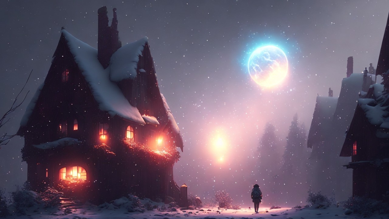 Cozy Cottage in a Snowy Winter Night Scene