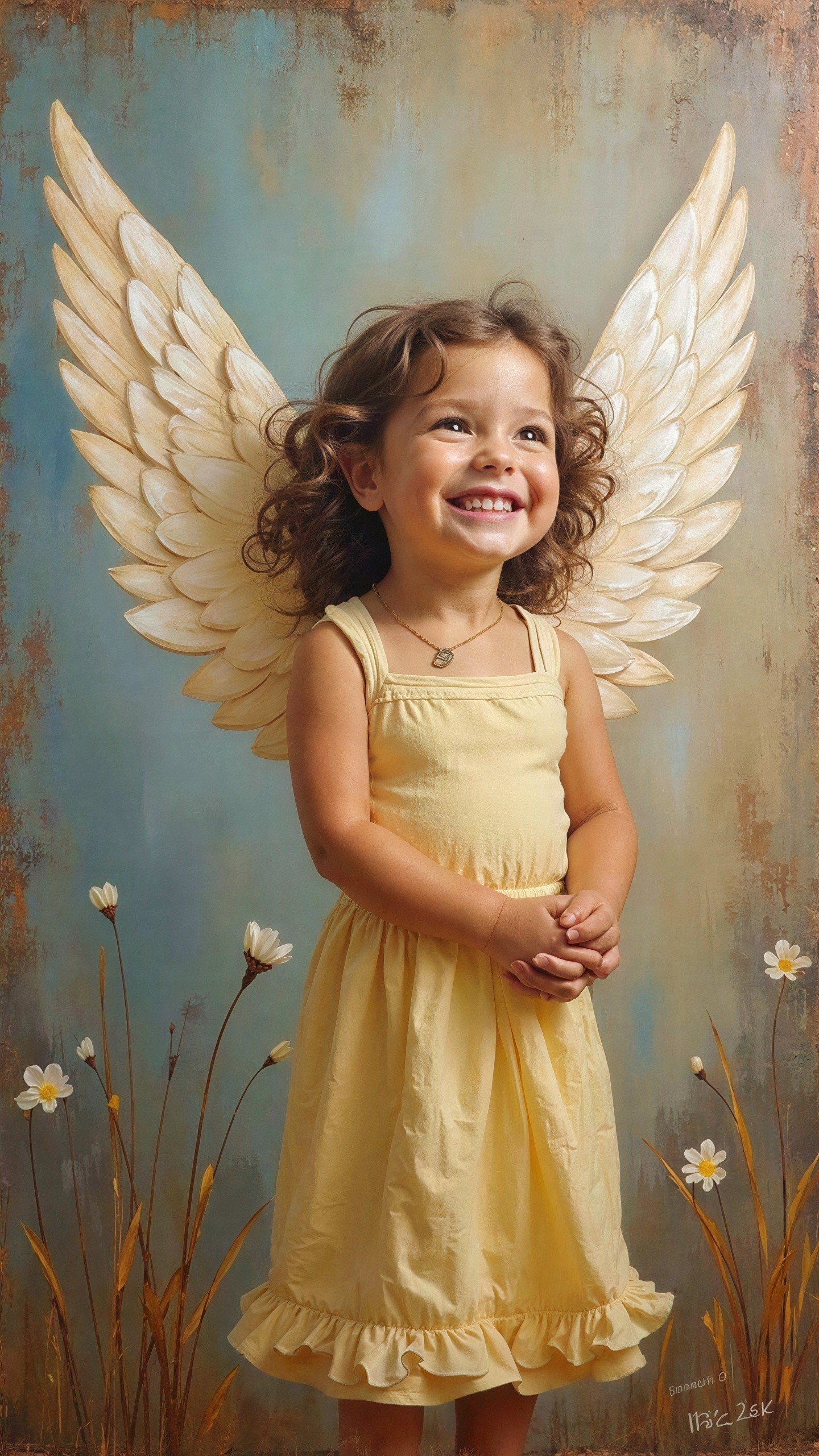 Young girl in angel wings and pale yellow dress